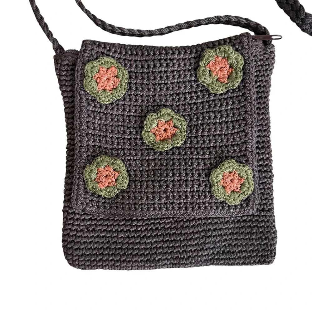 Handmade Boho Earthy Crochet Flower Crossbody Flap Bag Dark Brown Hippie